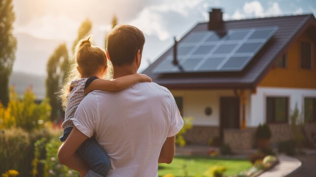 šeima žiūri į pastatytą saulės elektrinę